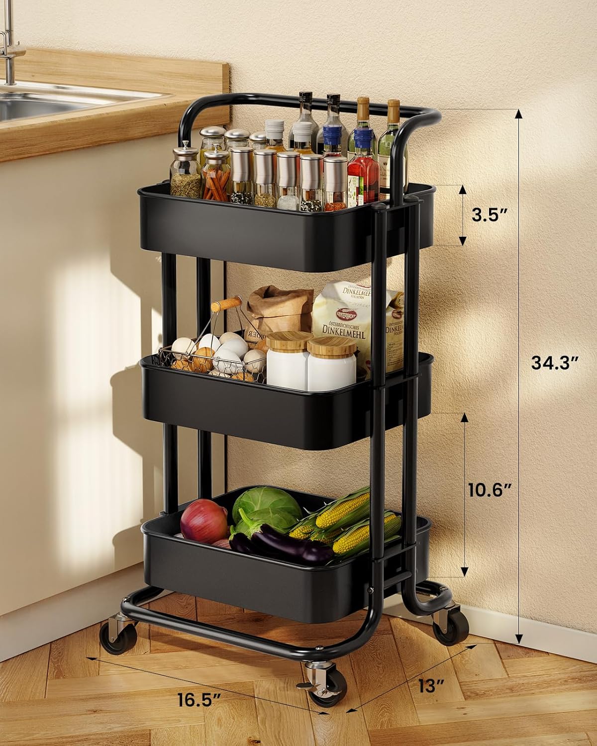 Metal 3 Tier Rolling Cart with Handle & 2 Lockable Wheels, Pink