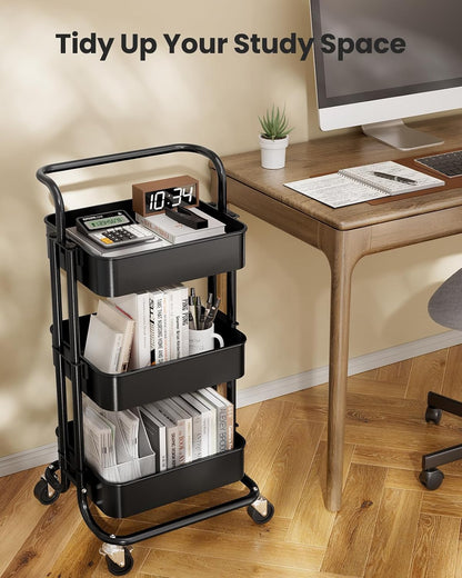 Metal 3 Tier Rolling Cart with Handle & 2 Lockable Wheels, Pink