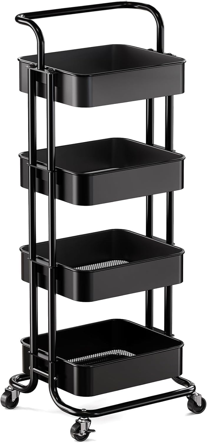 Metal 3 Tier Rolling Cart with Handle & 2 Lockable Wheels, Pink