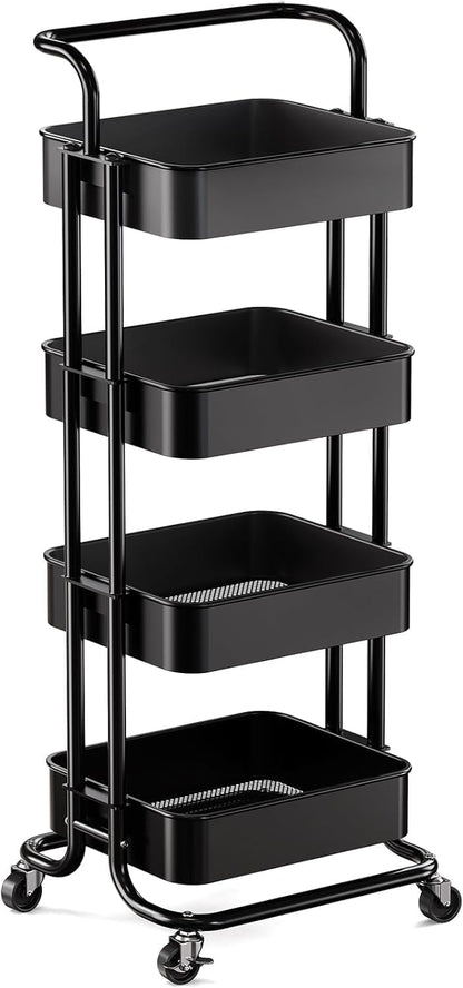Metal 3 Tier Rolling Cart with Handle & 2 Lockable Wheels, Pink
