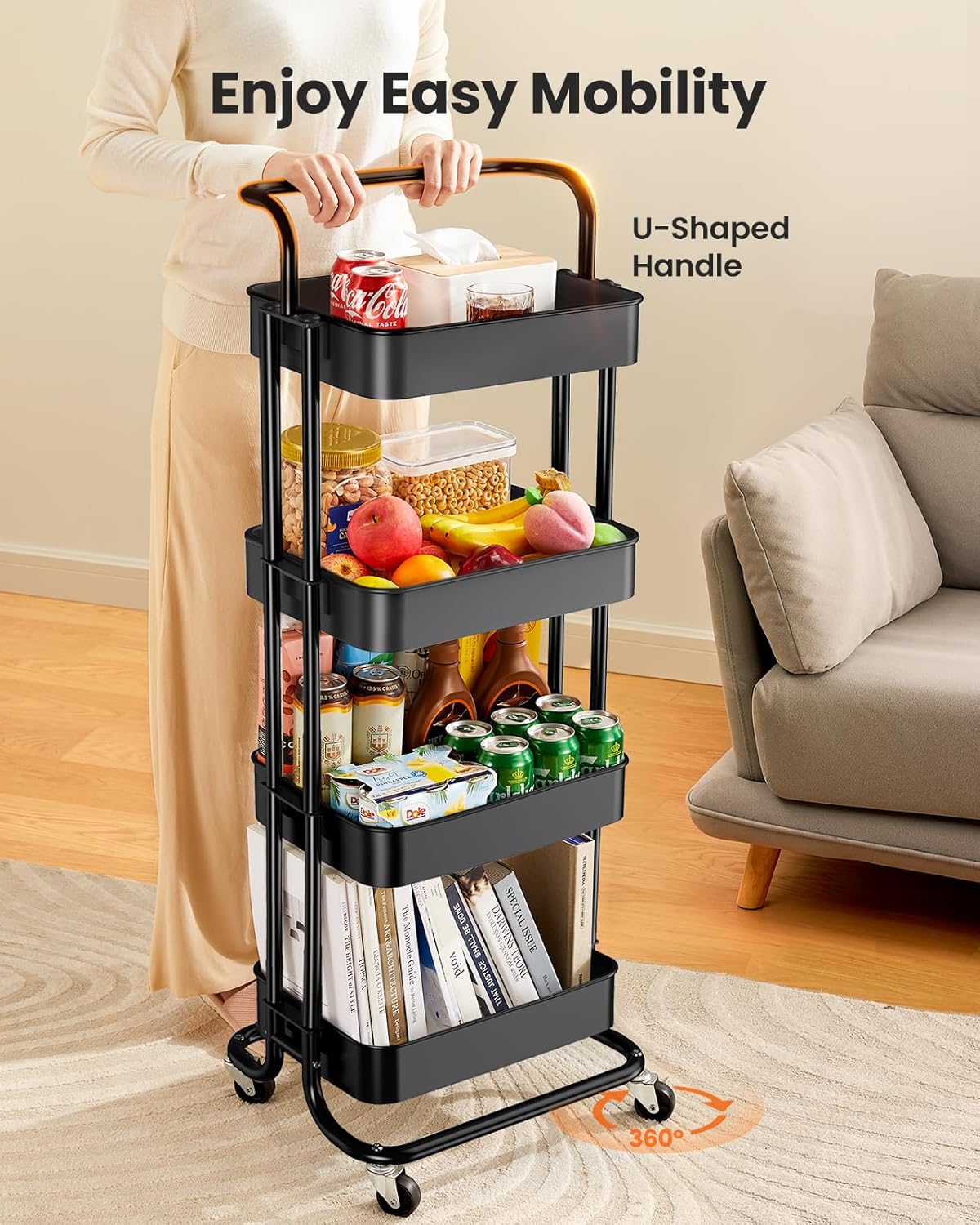 Metal 3 Tier Rolling Cart with Handle & 2 Lockable Wheels, Pink