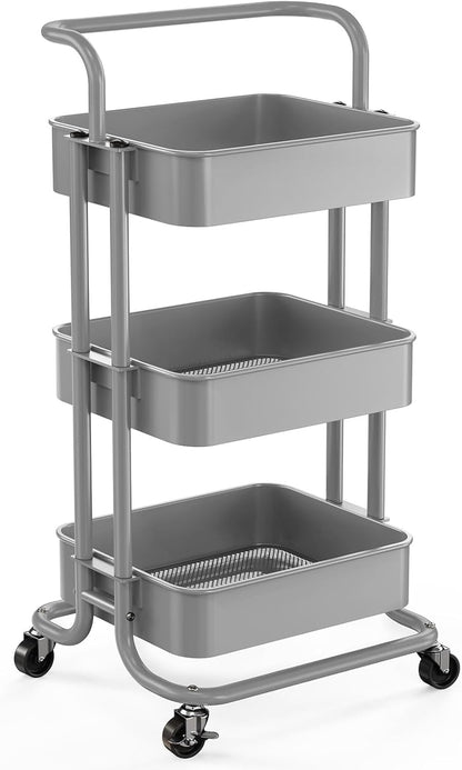 Metal 3 Tier Rolling Cart with Handle & 2 Lockable Wheels, Pink