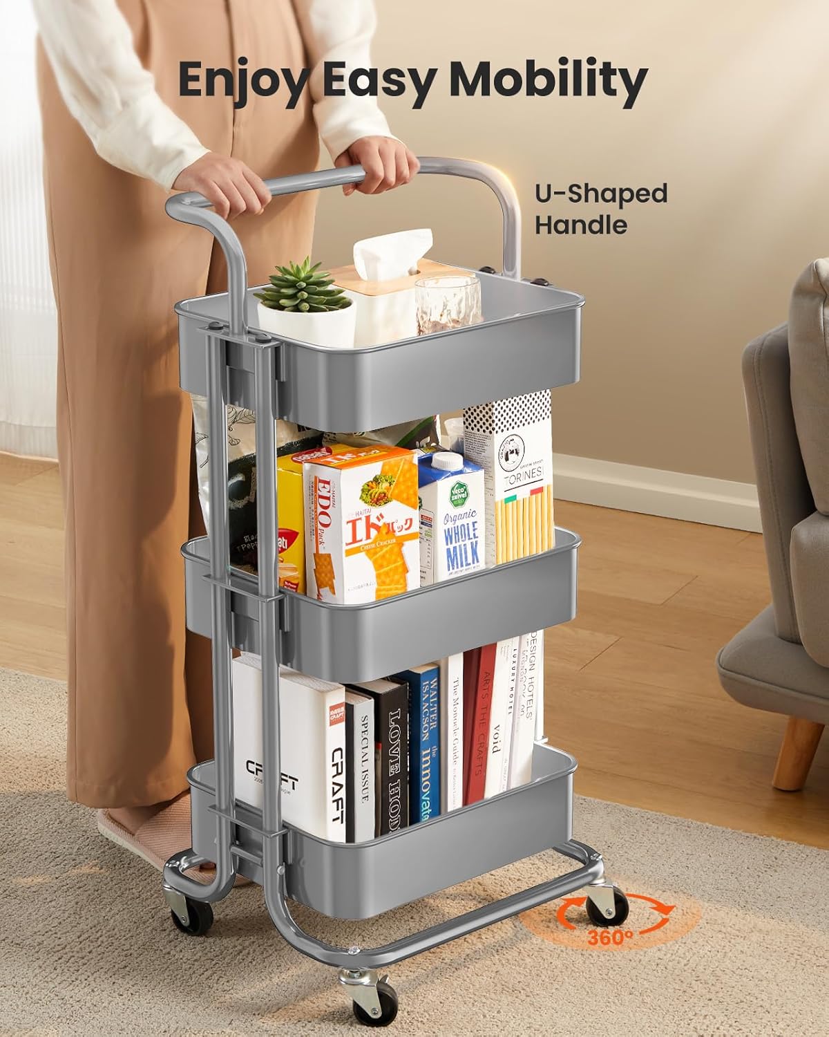 Metal 3 Tier Rolling Cart with Handle & 2 Lockable Wheels, Pink