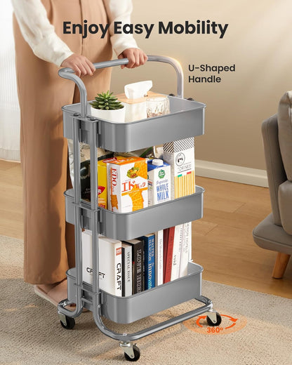 Metal 3 Tier Rolling Cart with Handle & 2 Lockable Wheels, Pink