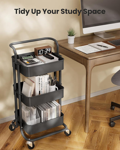 Metal 3 Tier Rolling Cart with Handle & 2 Lockable Wheels, Pink
