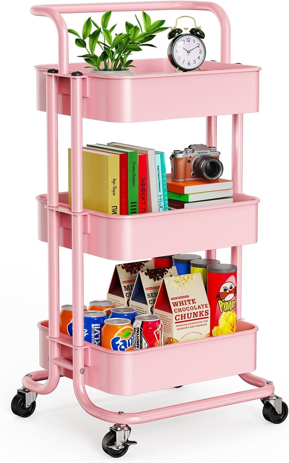 Metal 3 Tier Rolling Cart with Handle & 2 Lockable Wheels, Pink