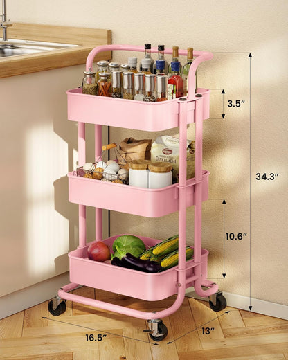Metal 3 Tier Rolling Cart with Handle & 2 Lockable Wheels, Pink