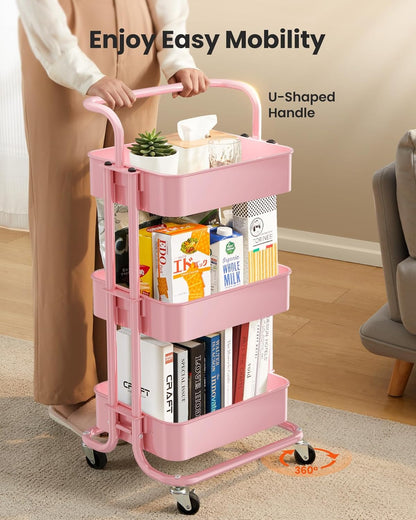 Metal 3 Tier Rolling Cart with Handle & 2 Lockable Wheels, Pink