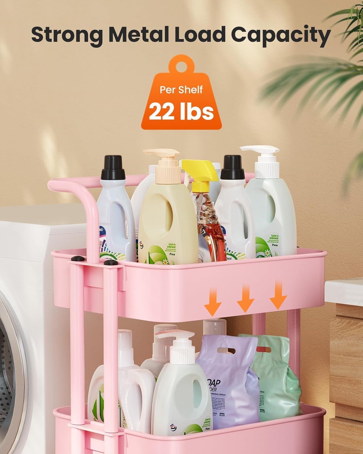 Metal 3 Tier Rolling Cart with Handle & 2 Lockable Wheels, Pink