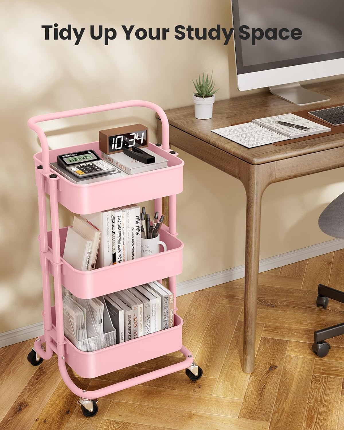 Metal 3 Tier Rolling Cart with Handle & 2 Lockable Wheels, Pink