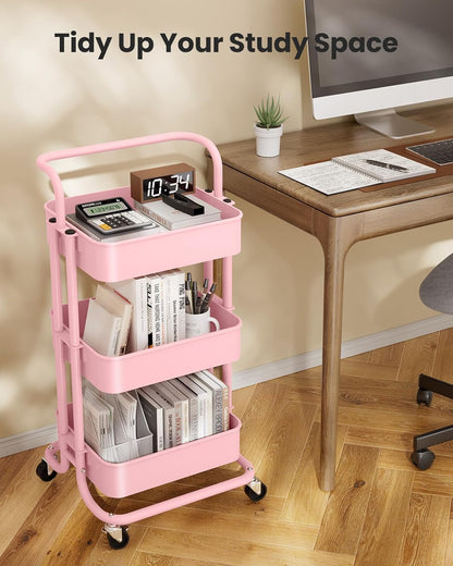 Metal 3 Tier Rolling Cart with Handle & 2 Lockable Wheels, Pink