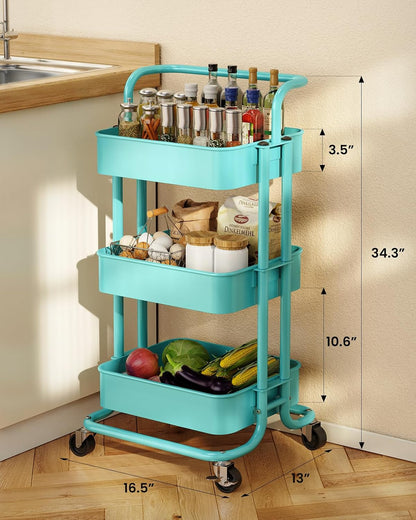 Metal 3 Tier Rolling Cart with Handle & 2 Lockable Wheels, Pink