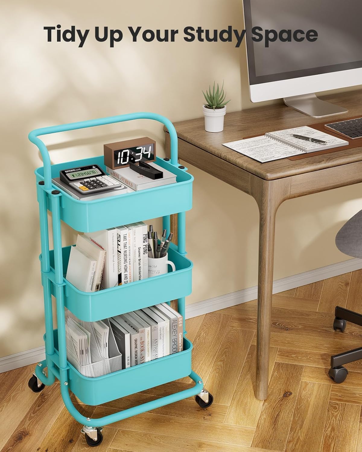 Metal 3 Tier Rolling Cart with Handle & 2 Lockable Wheels, Pink