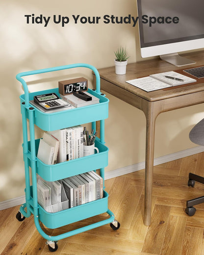 Metal 3 Tier Rolling Cart with Handle & 2 Lockable Wheels, Pink