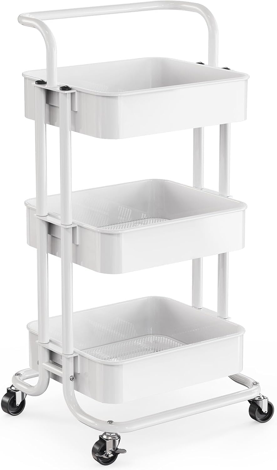 Metal 3 Tier Rolling Cart with Handle & 2 Lockable Wheels, Pink