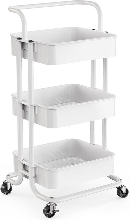 Metal 3 Tier Rolling Cart with Handle & 2 Lockable Wheels, Pink
