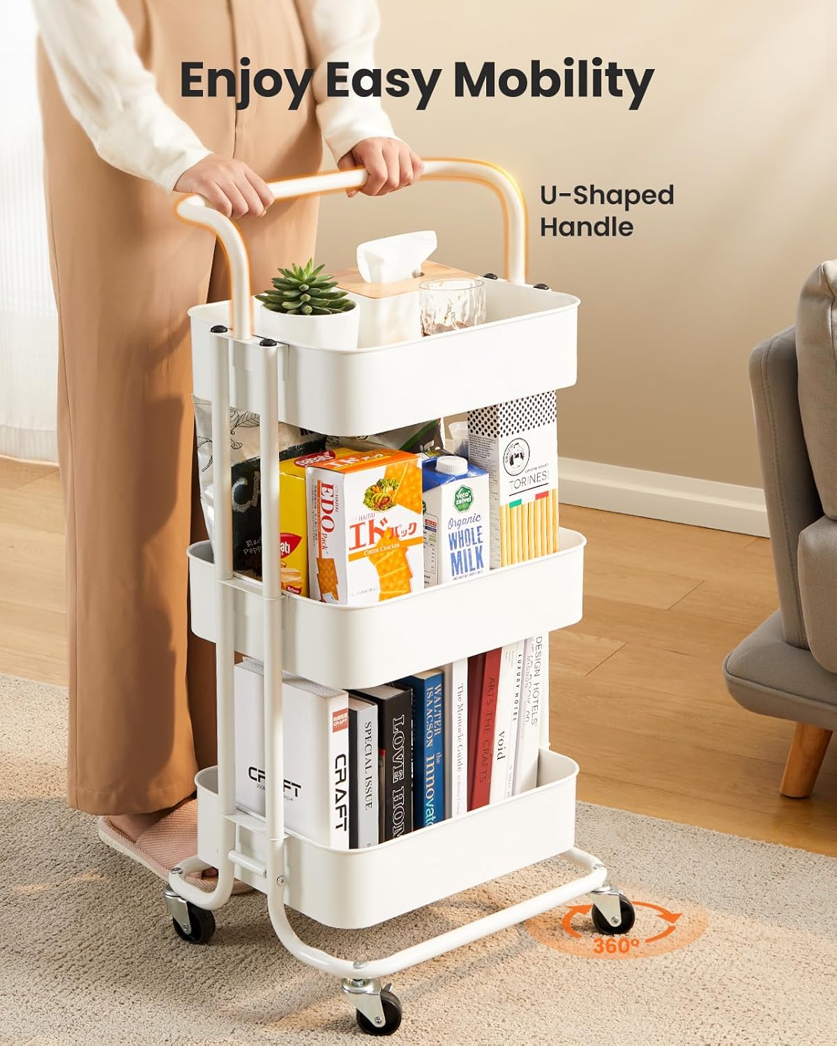 Metal 3 Tier Rolling Cart with Handle & 2 Lockable Wheels, Pink
