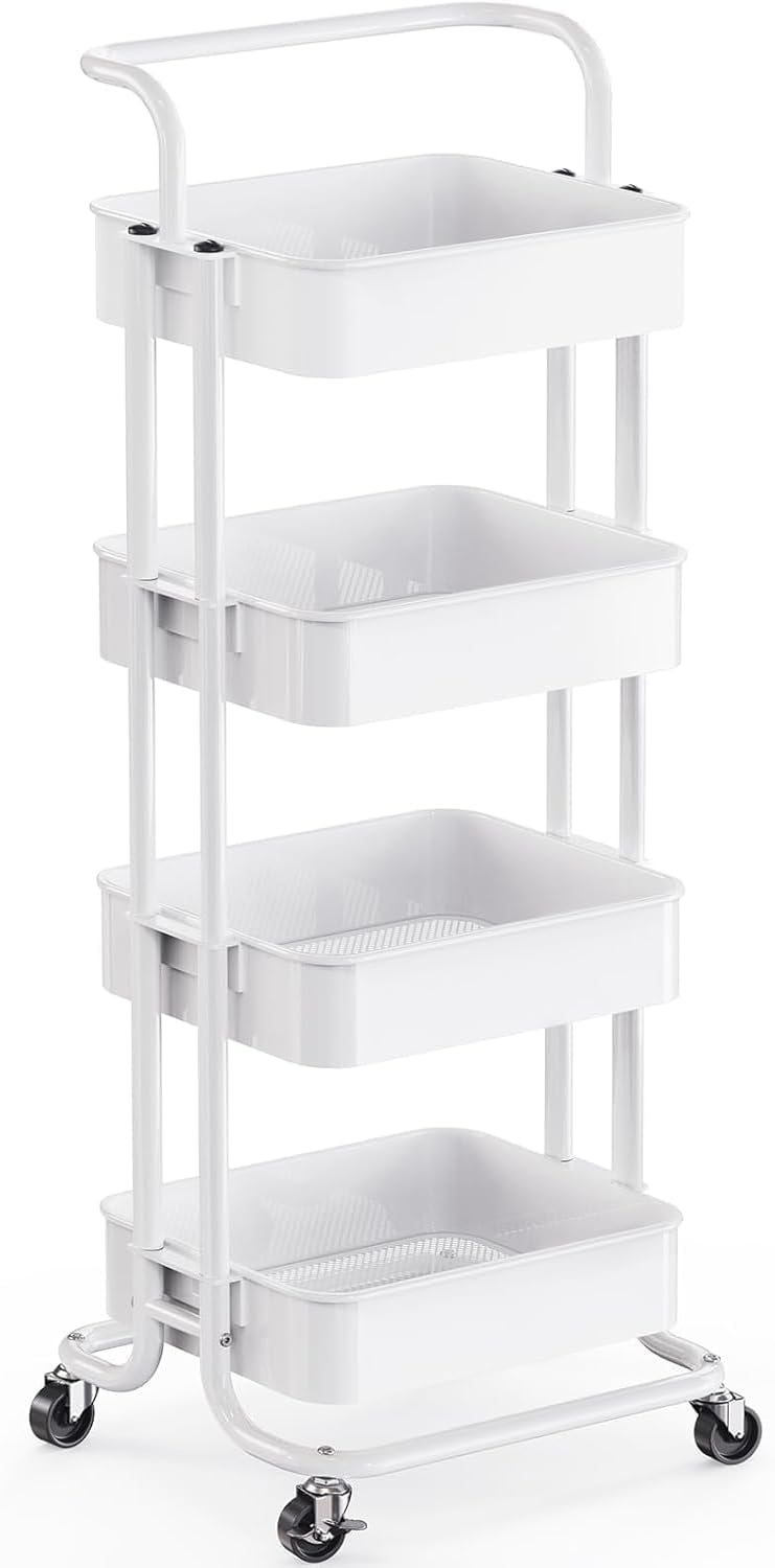 Metal 3 Tier Rolling Cart with Handle & 2 Lockable Wheels, Pink
