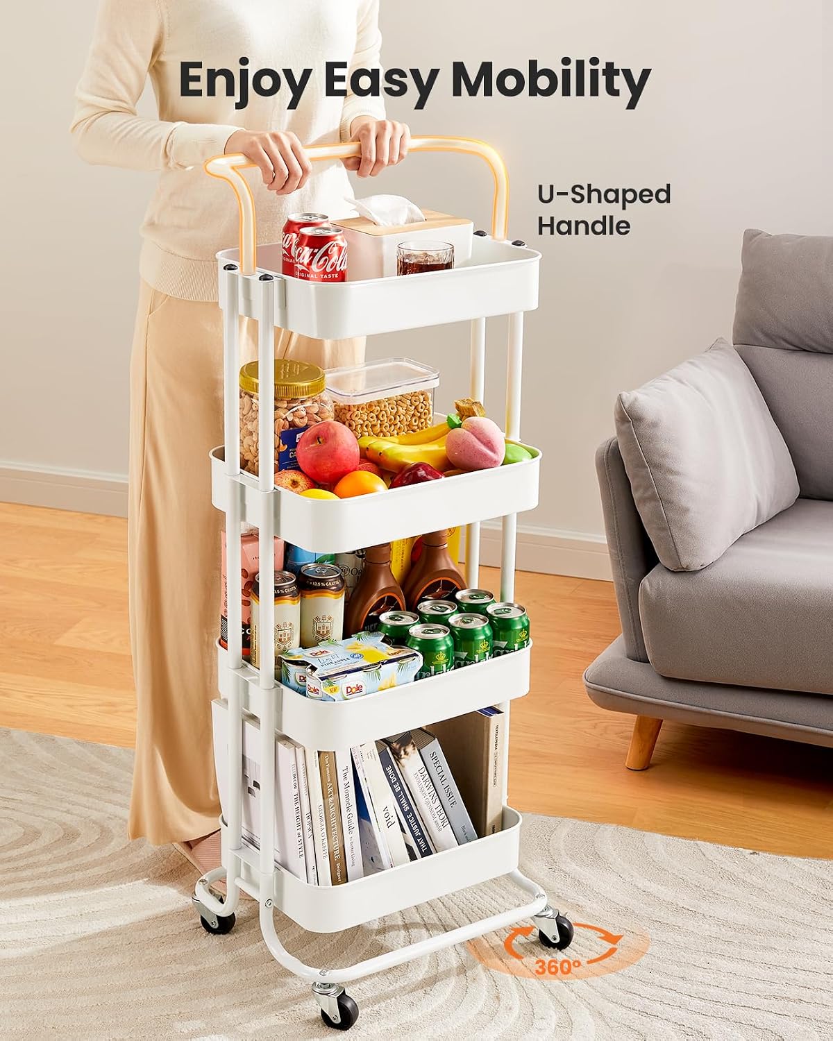 Metal 3 Tier Rolling Cart with Handle & 2 Lockable Wheels, Pink