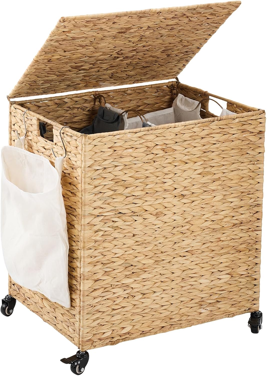 Laundry Hamper with Wheels, 52.8 Gallon(200L) Water Hyacinth Laundry Basket with Lid, 3-Section Wicker Clothes Hamper with 3 Removable Liners, Laundry Sorter with Side Pocket, Natural