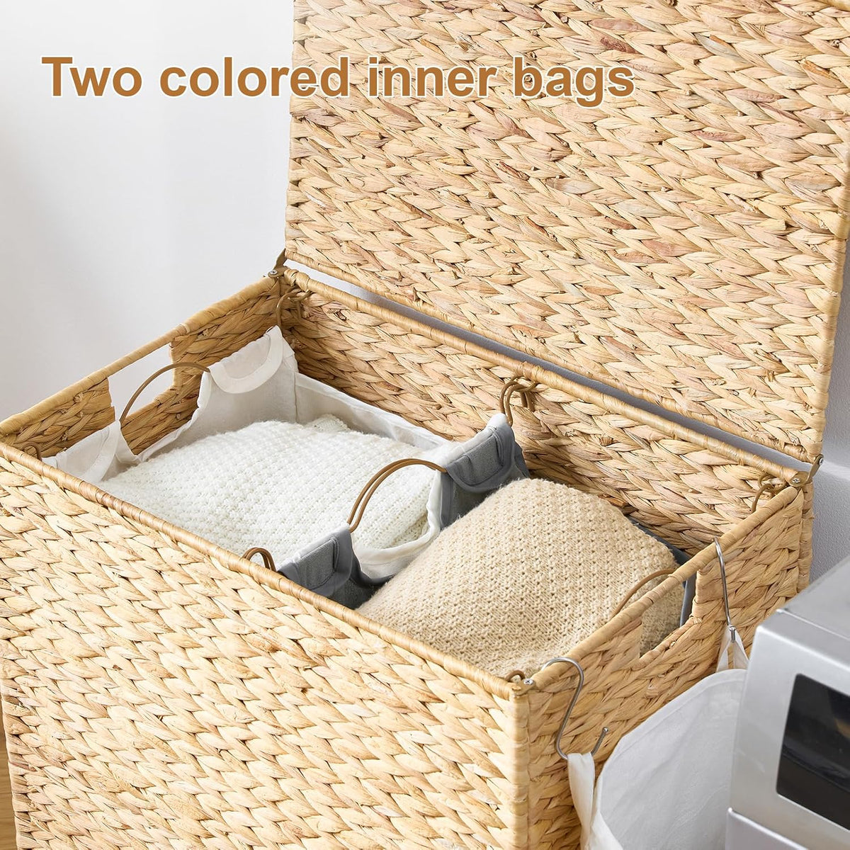 Laundry Hamper with Wheels, 52.8 Gallon(200L) Water Hyacinth Laundry Basket with Lid, 3-Section Wicker Clothes Hamper with 3 Removable Liners, Laundry Sorter with Side Pocket, Natural