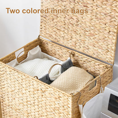 Laundry Hamper with Wheels, 52.8 Gallon(200L) Water Hyacinth Laundry Basket with Lid, 3-Section Wicker Clothes Hamper with 3 Removable Liners, Laundry Sorter with Side Pocket, Natural