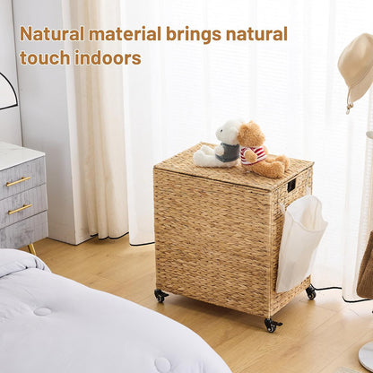 Laundry Hamper with Wheels, 52.8 Gallon(200L) Water Hyacinth Laundry Basket with Lid, 3-Section Wicker Clothes Hamper with 3 Removable Liners, Laundry Sorter with Side Pocket, Natural