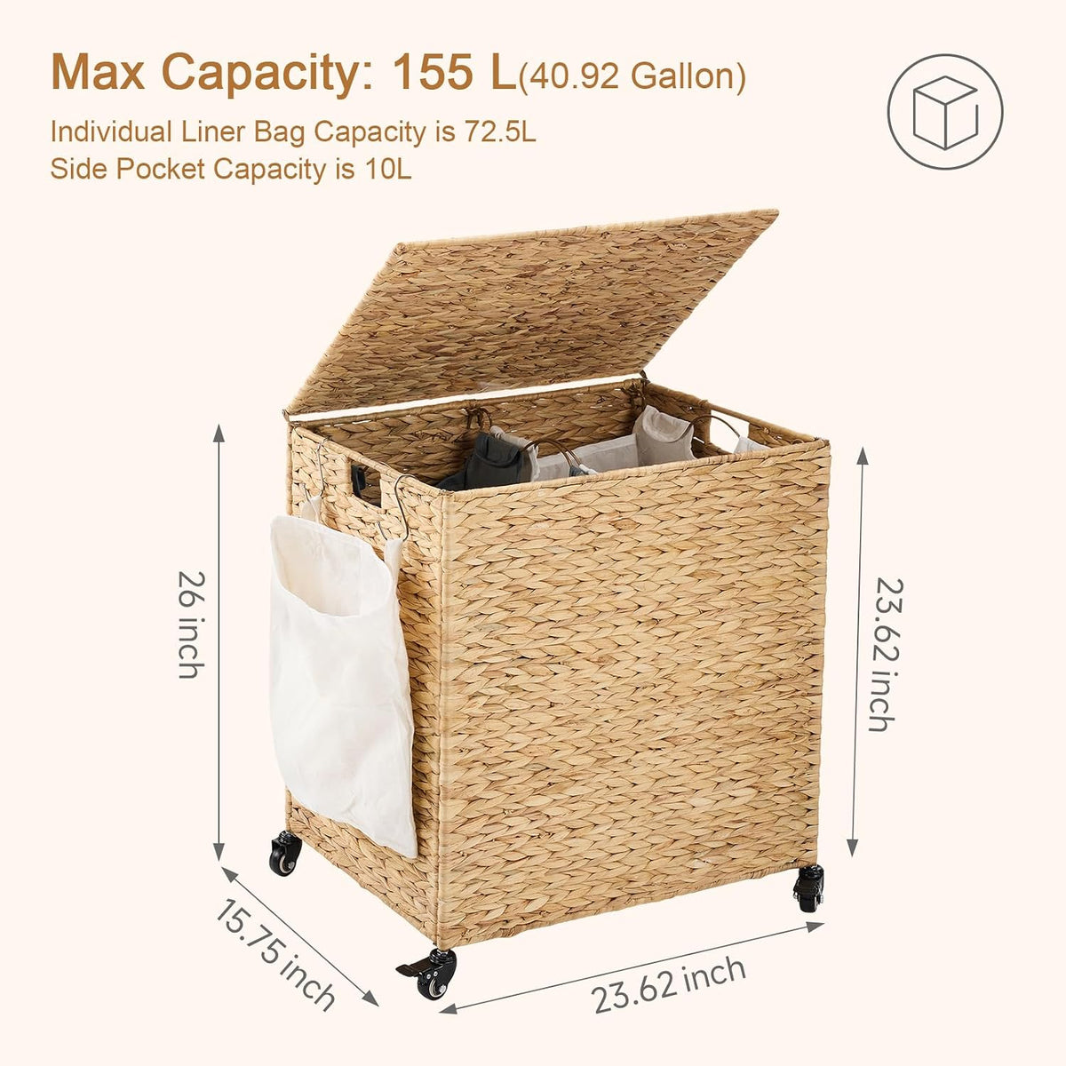 Laundry Hamper with Wheels, 52.8 Gallon(200L) Water Hyacinth Laundry Basket with Lid, 3-Section Wicker Clothes Hamper with 3 Removable Liners, Laundry Sorter with Side Pocket, Natural