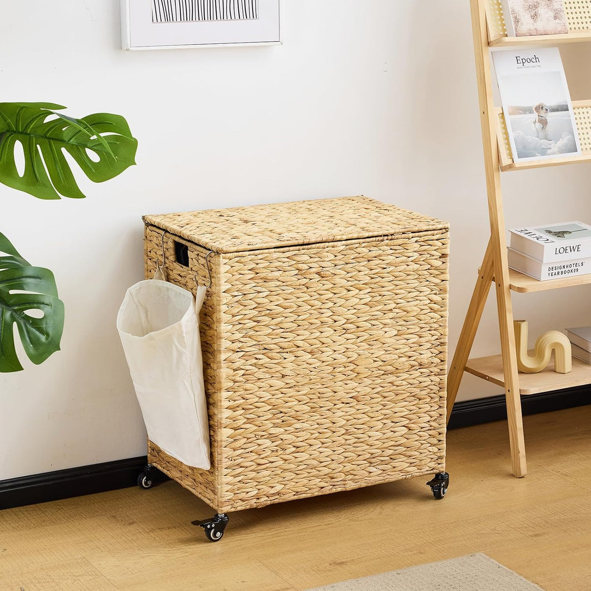 Laundry Hamper with Wheels, 52.8 Gallon(200L) Water Hyacinth Laundry Basket with Lid, 3-Section Wicker Clothes Hamper with 3 Removable Liners, Laundry Sorter with Side Pocket, Natural