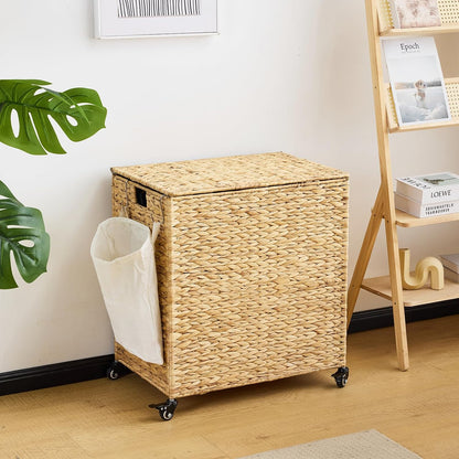 Laundry Hamper with Wheels, 52.8 Gallon(200L) Water Hyacinth Laundry Basket with Lid, 3-Section Wicker Clothes Hamper with 3 Removable Liners, Laundry Sorter with Side Pocket, Natural