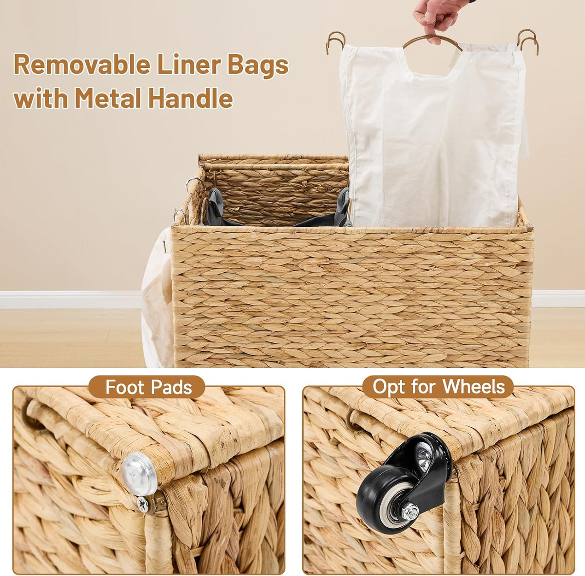 Laundry Hamper with Wheels, 52.8 Gallon(200L) Water Hyacinth Laundry Basket with Lid, 3-Section Wicker Clothes Hamper with 3 Removable Liners, Laundry Sorter with Side Pocket, Natural