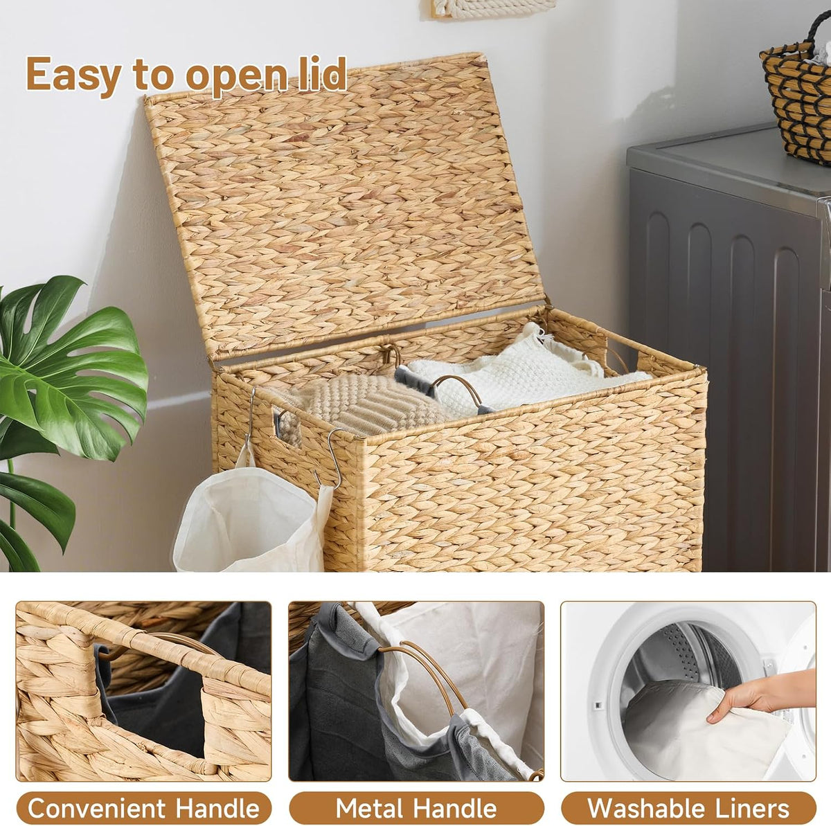 Laundry Hamper with Wheels, 52.8 Gallon(200L) Water Hyacinth Laundry Basket with Lid, 3-Section Wicker Clothes Hamper with 3 Removable Liners, Laundry Sorter with Side Pocket, Natural