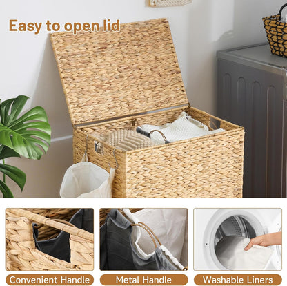 Laundry Hamper with Wheels, 52.8 Gallon(200L) Water Hyacinth Laundry Basket with Lid, 3-Section Wicker Clothes Hamper with 3 Removable Liners, Laundry Sorter with Side Pocket, Natural