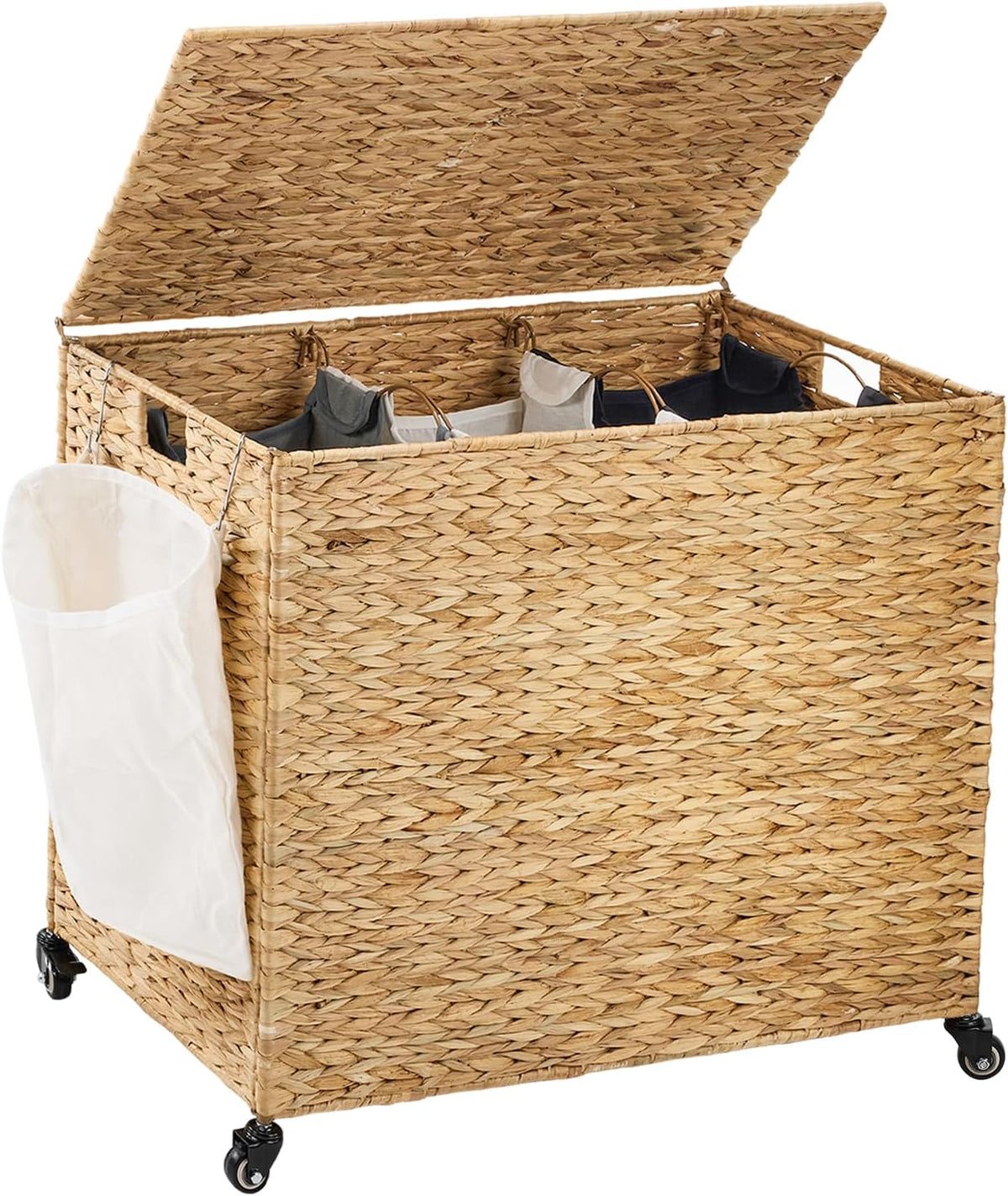 Laundry Hamper with Wheels, 52.8 Gallon(200L) Water Hyacinth Laundry Basket with Lid, 3-Section Wicker Clothes Hamper with 3 Removable Liners, Laundry Sorter with Side Pocket, Natural