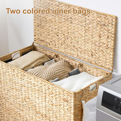 Laundry Hamper with Wheels, 52.8 Gallon(200L) Water Hyacinth Laundry Basket with Lid, 3-Section Wicker Clothes Hamper with 3 Removable Liners, Laundry Sorter with Side Pocket, Natural