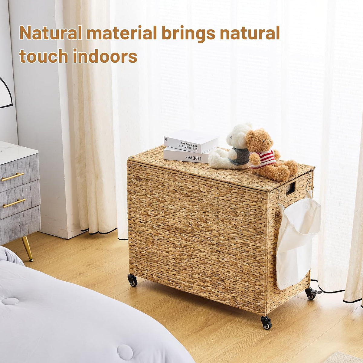 Laundry Hamper with Wheels, 52.8 Gallon(200L) Water Hyacinth Laundry Basket with Lid, 3-Section Wicker Clothes Hamper with 3 Removable Liners, Laundry Sorter with Side Pocket, Natural