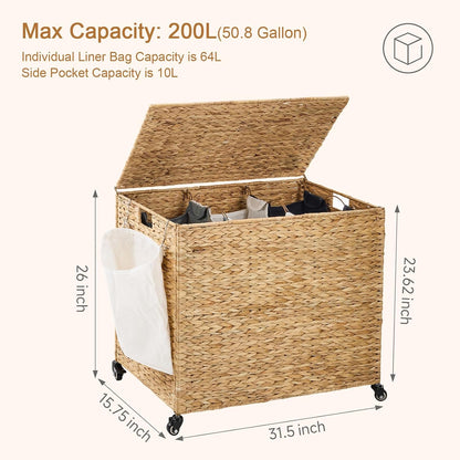 Laundry Hamper with Wheels, 52.8 Gallon(200L) Water Hyacinth Laundry Basket with Lid, 3-Section Wicker Clothes Hamper with 3 Removable Liners, Laundry Sorter with Side Pocket, Natural