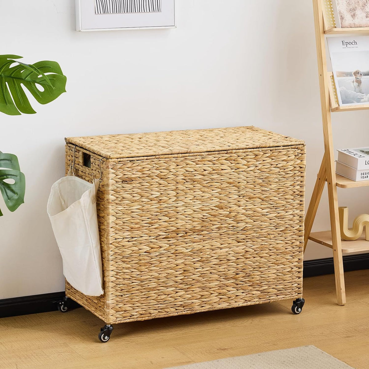 Laundry Hamper with Wheels, 52.8 Gallon(200L) Water Hyacinth Laundry Basket with Lid, 3-Section Wicker Clothes Hamper with 3 Removable Liners, Laundry Sorter with Side Pocket, Natural