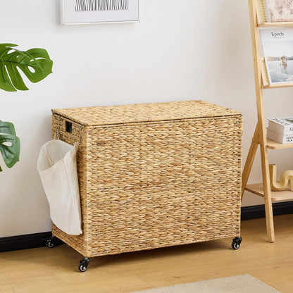 Laundry Hamper with Wheels, 52.8 Gallon(200L) Water Hyacinth Laundry Basket with Lid, 3-Section Wicker Clothes Hamper with 3 Removable Liners, Laundry Sorter with Side Pocket, Natural