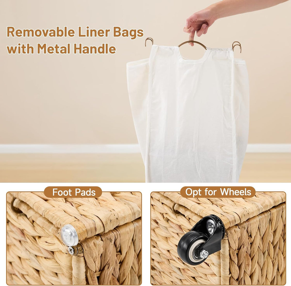 Laundry Hamper with Wheels, 52.8 Gallon(200L) Water Hyacinth Laundry Basket with Lid, 3-Section Wicker Clothes Hamper with 3 Removable Liners, Laundry Sorter with Side Pocket, Natural