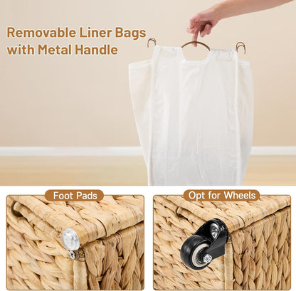 Laundry Hamper with Wheels, 52.8 Gallon(200L) Water Hyacinth Laundry Basket with Lid, 3-Section Wicker Clothes Hamper with 3 Removable Liners, Laundry Sorter with Side Pocket, Natural