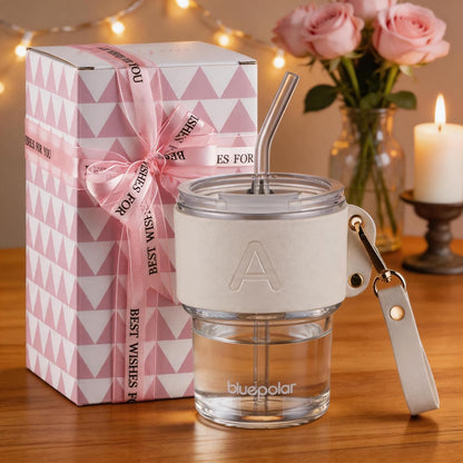 Monogrammed Gifts for Women-Personalized Glass Tumbler with Straw,Custom Iced Coffee Cups with Lids as Wedding Birthday Mothers Day Gift for Her Wife Bride（T）