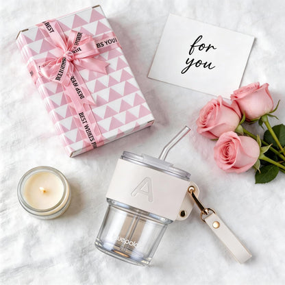 Monogrammed Gifts for Women-Personalized Glass Tumbler with Straw,Custom Iced Coffee Cups with Lids as Wedding Birthday Mothers Day Gift for Her Wife Bride（T）