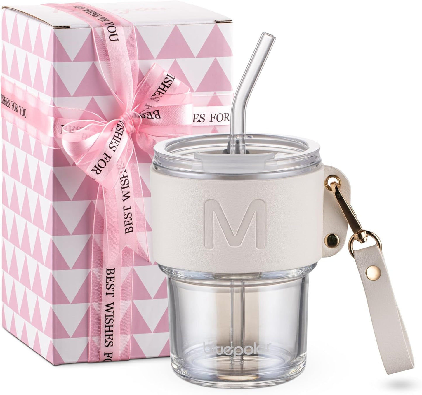Monogrammed Gifts for Women-Personalized Glass Tumbler with Straw,Custom Iced Coffee Cups with Lids as Wedding Birthday Mothers Day Gift for Her Wife Bride（T）