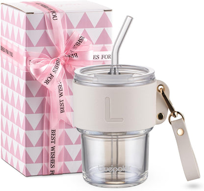 Monogrammed Gifts for Women-Personalized Glass Tumbler with Straw,Custom Iced Coffee Cups with Lids as Wedding Birthday Mothers Day Gift for Her Wife Bride（T）