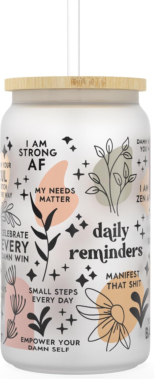 Daily Affirmation Iced Coffee Cup [Frosted], Glass Cups with Bamboo Lids and Straws | 16 oz Mason Jar Drinking Glasses & Boba Cup | Glass Tumbler with Straw and Lid Mental Health [Vulgar Edition]