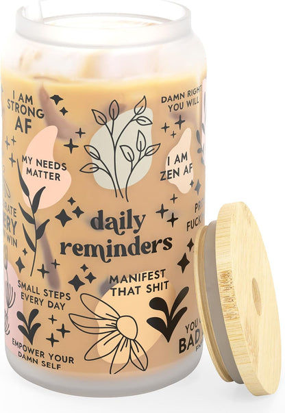 Daily Affirmation Iced Coffee Cup [Frosted], Glass Cups with Bamboo Lids and Straws | 16 oz Mason Jar Drinking Glasses & Boba Cup | Glass Tumbler with Straw and Lid Mental Health [Vulgar Edition]