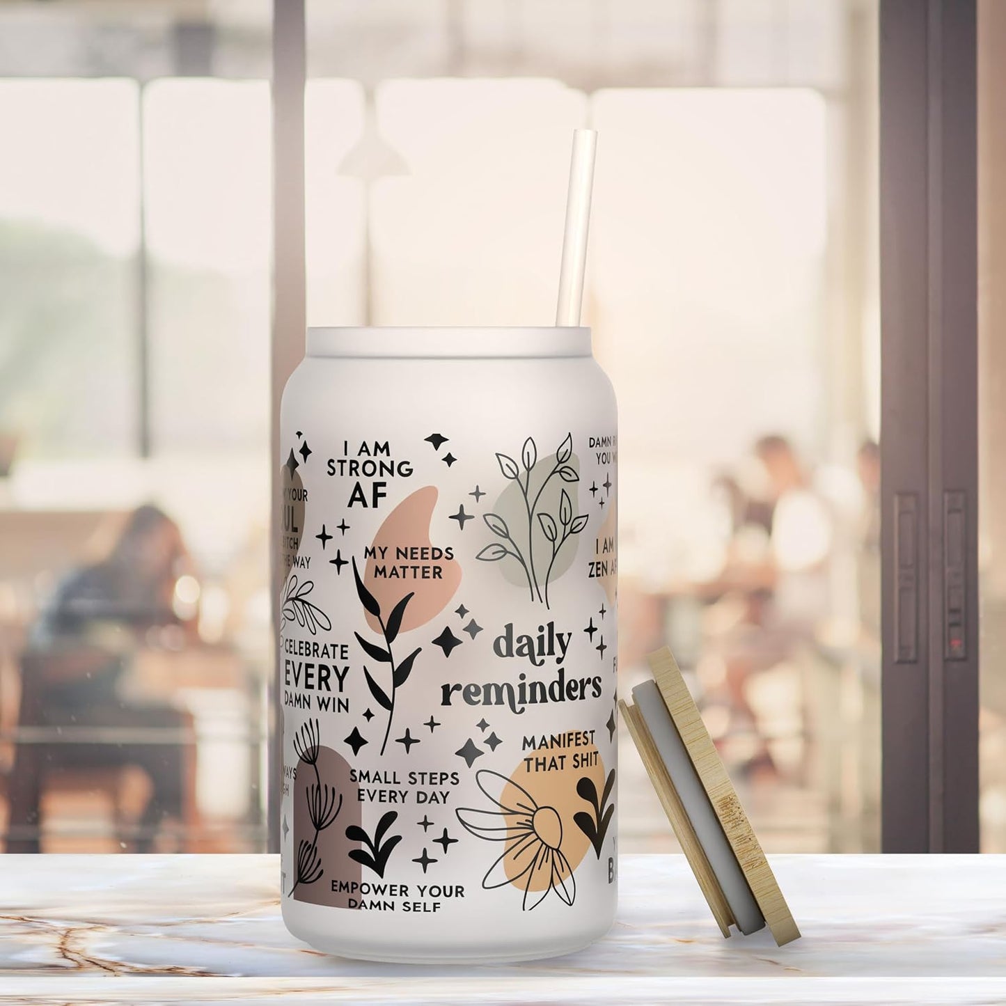 Daily Affirmation Iced Coffee Cup [Frosted], Glass Cups with Bamboo Lids and Straws | 16 oz Mason Jar Drinking Glasses & Boba Cup | Glass Tumbler with Straw and Lid Mental Health [Vulgar Edition]