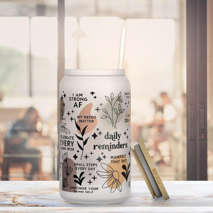 Daily Affirmation Iced Coffee Cup [Frosted], Glass Cups with Bamboo Lids and Straws | 16 oz Mason Jar Drinking Glasses & Boba Cup | Glass Tumbler with Straw and Lid Mental Health [Vulgar Edition]