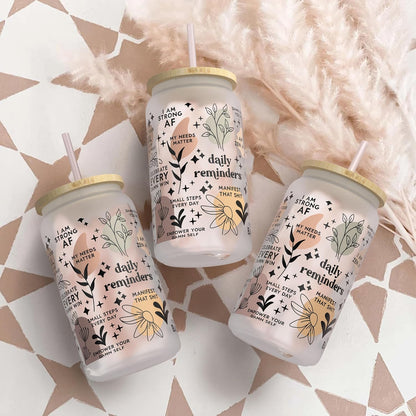 Daily Affirmation Iced Coffee Cup [Frosted], Glass Cups with Bamboo Lids and Straws | 16 oz Mason Jar Drinking Glasses & Boba Cup | Glass Tumbler with Straw and Lid Mental Health [Vulgar Edition]